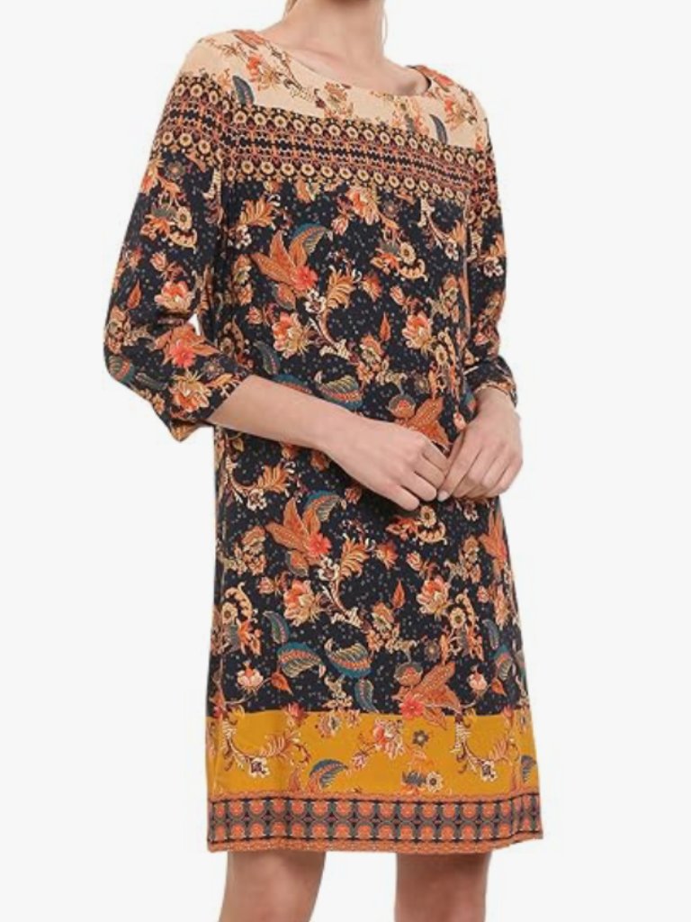 Desigual Paula Black Gold Floral Print Three Quarter Sleeve Mini Dress 40
